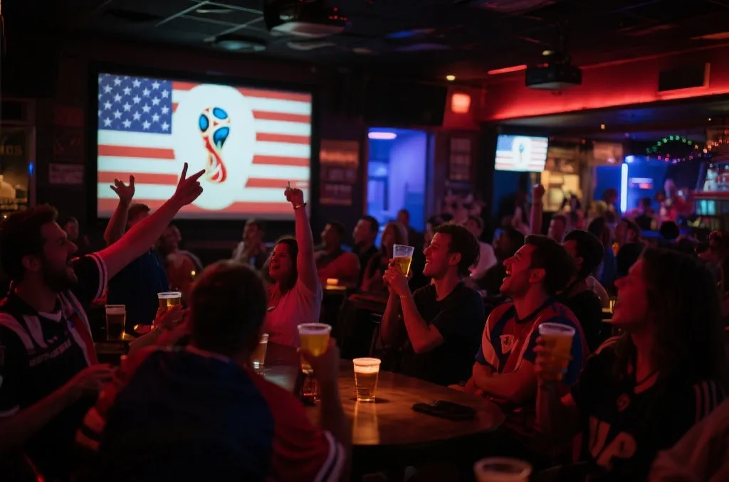 美国体育酒吧内球迷围坐观看世界杯，屏幕光映照在人群脸上，气氛紧张而兴奋